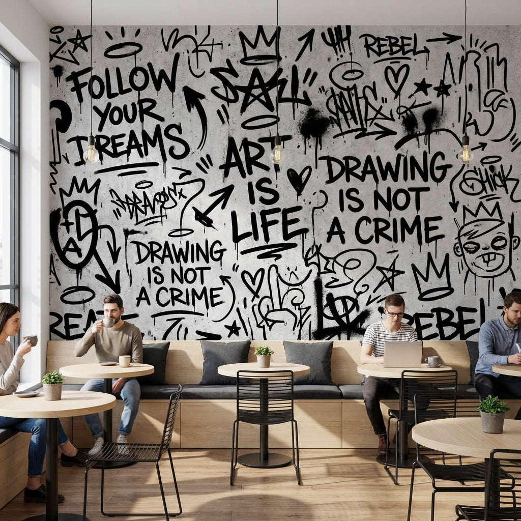 Graffiti Yazılı Poster Duvar Kağıdı Siyah Beyaz Genç Odası