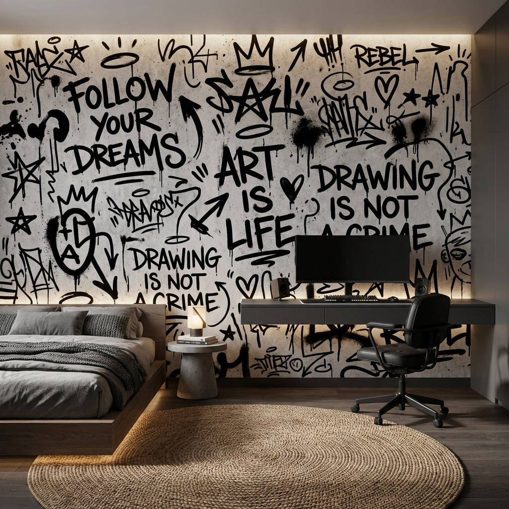 Graffiti Yazılı Poster Duvar Kağıdı Siyah Beyaz Genç Odası
