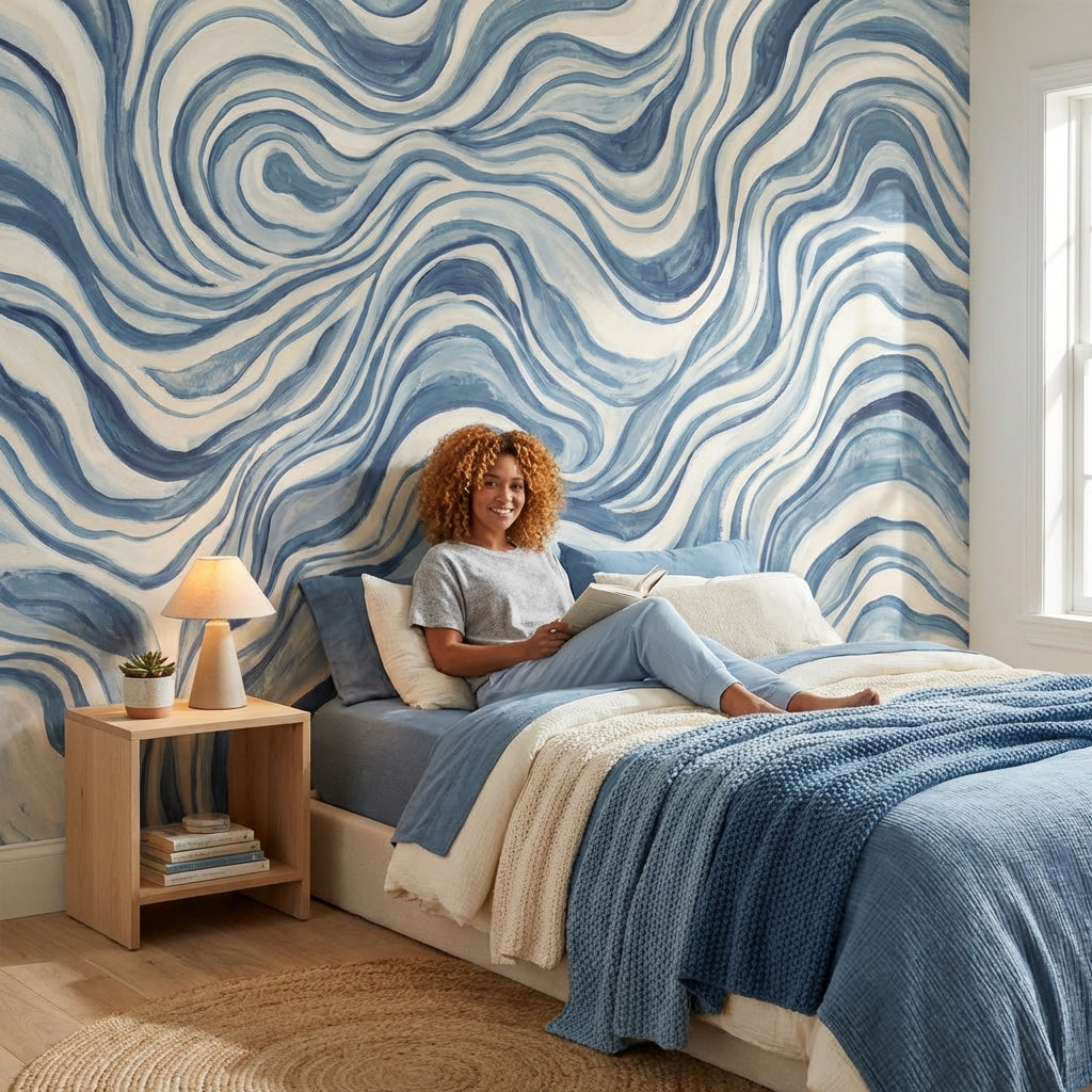 Mavi Dalgalı Soyut Poster Duvar Kağıdı Modern Salon Dekoru
