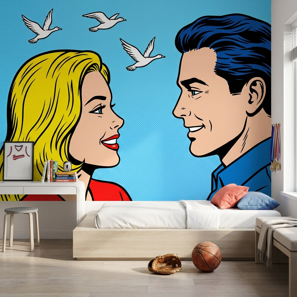 Pop Art Çift Figürlü Poster Duvar Kağıdı Mavi Yatak Odası