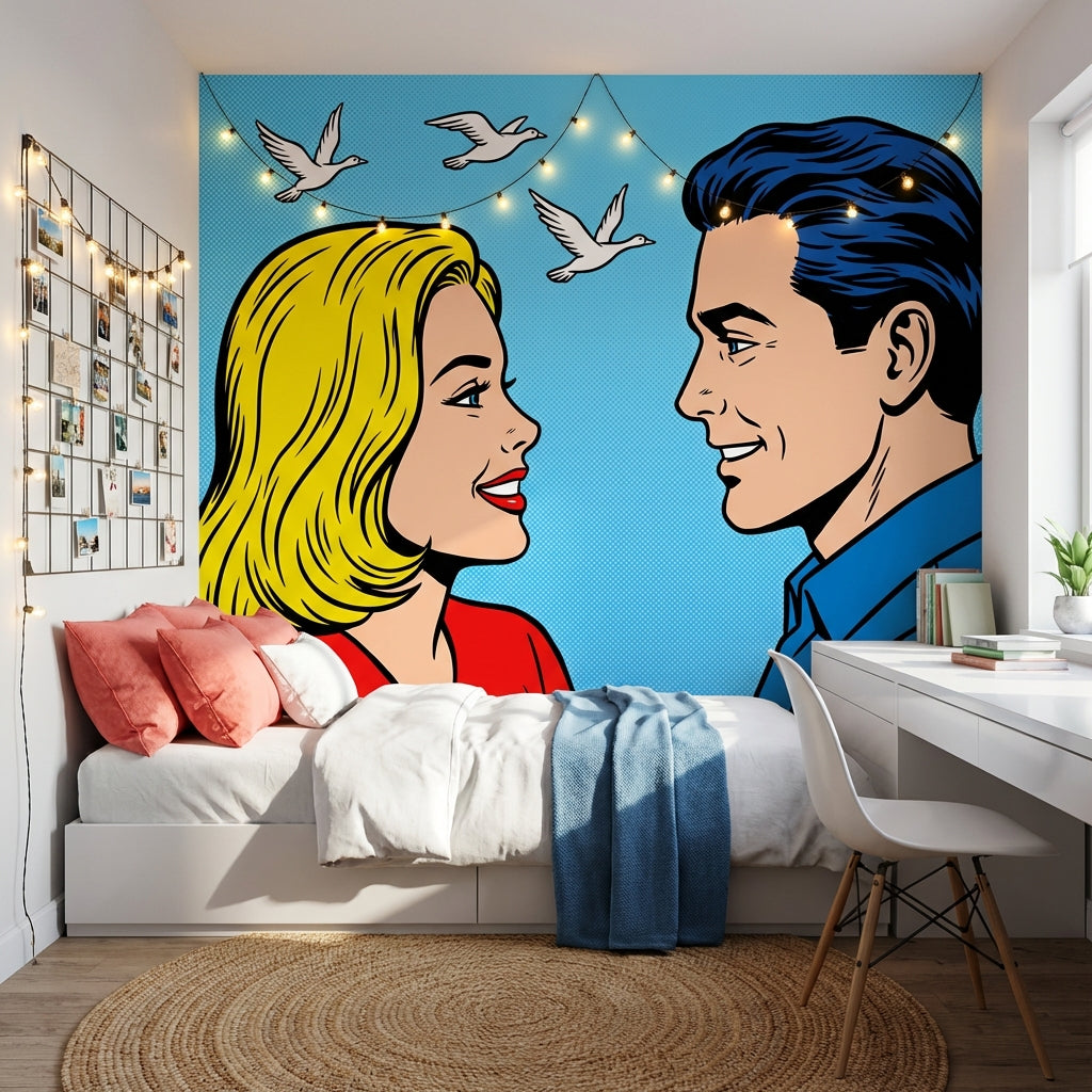 Pop Art Çift Figürlü Poster Duvar Kağıdı Mavi Yatak Odası