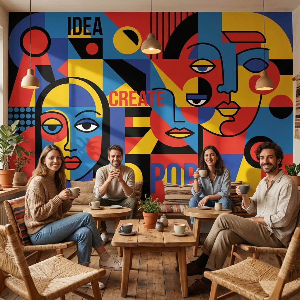 Renkli Pop Art Yüzler Poster Duvar Kağıdı Modern Salon