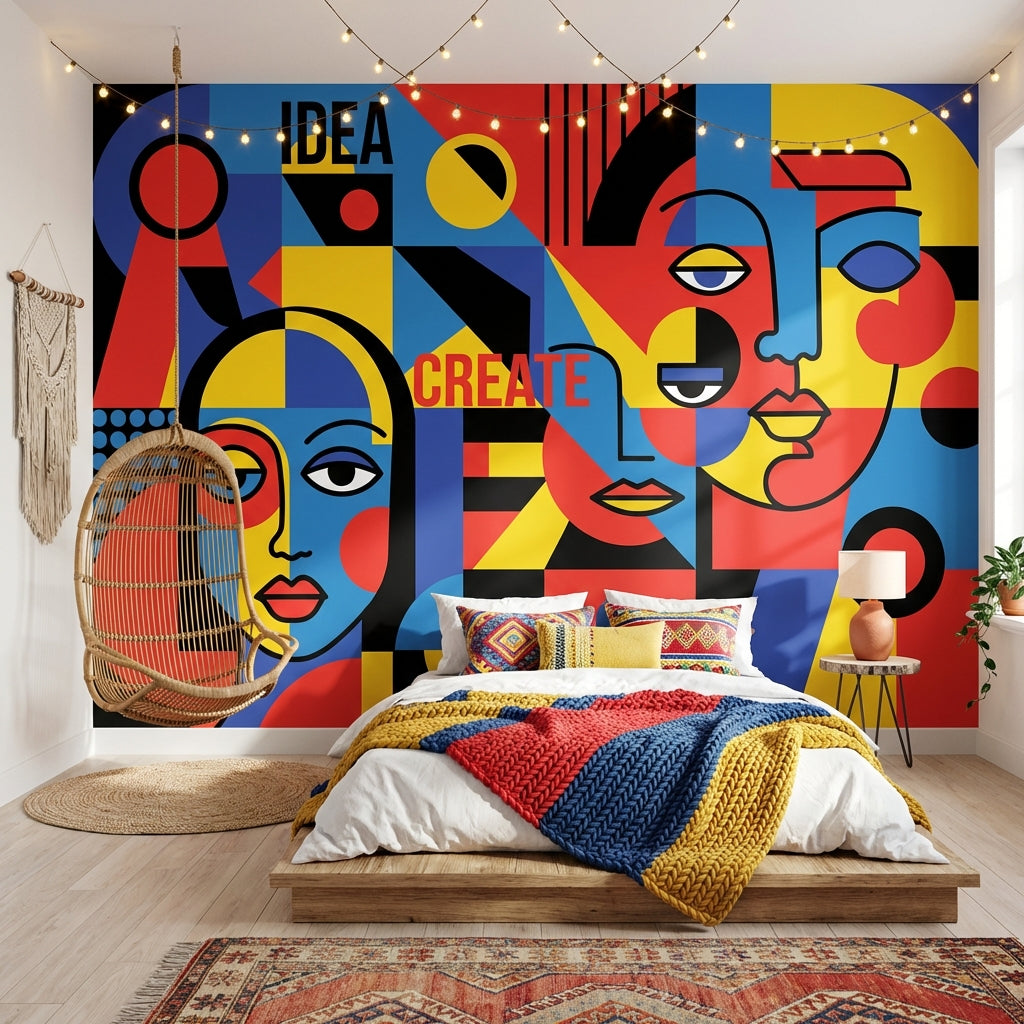 Renkli Pop Art Yüzler Poster Duvar Kağıdı Modern Salon