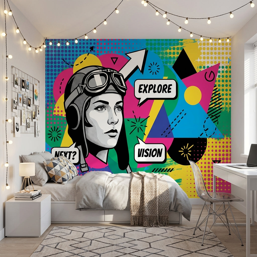 Pop Art Pilot İllüstrasyonlu Poster Duvar Kağıdı Renkli Genç Odası