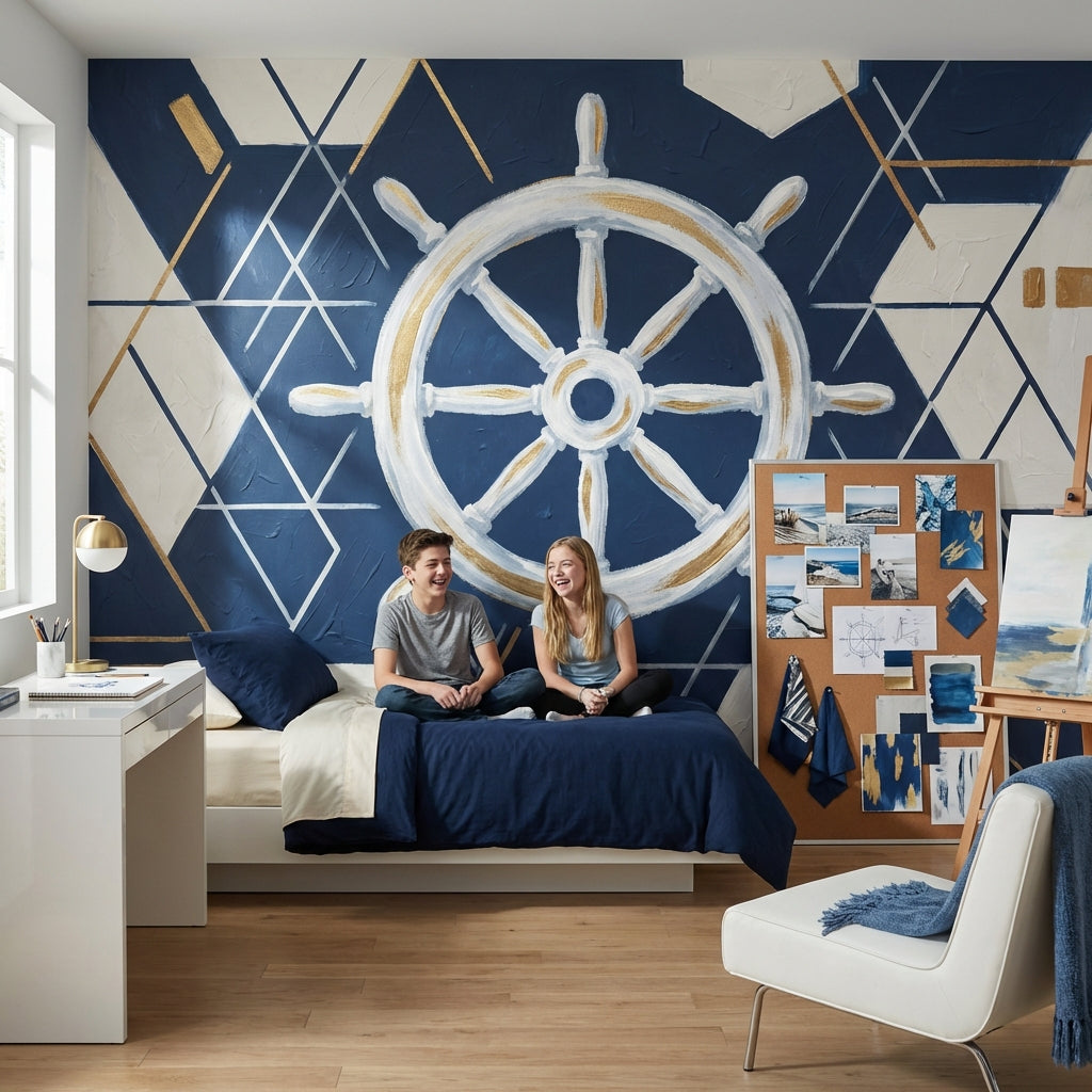 Dümen Motifli Poster Duvar Kağıdı Lacivert Geometrik Yatak Odası