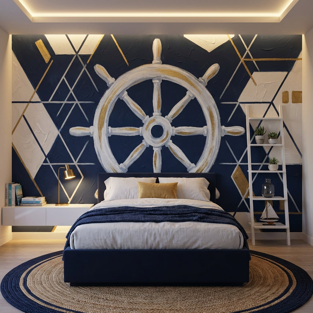 Dümen Motifli Poster Duvar Kağıdı Lacivert Geometrik Yatak Odası