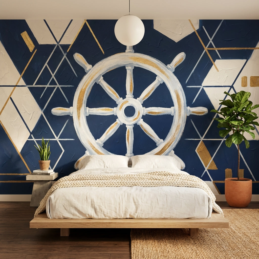 Dümen Motifli Poster Duvar Kağıdı Lacivert Geometrik Yatak Odası