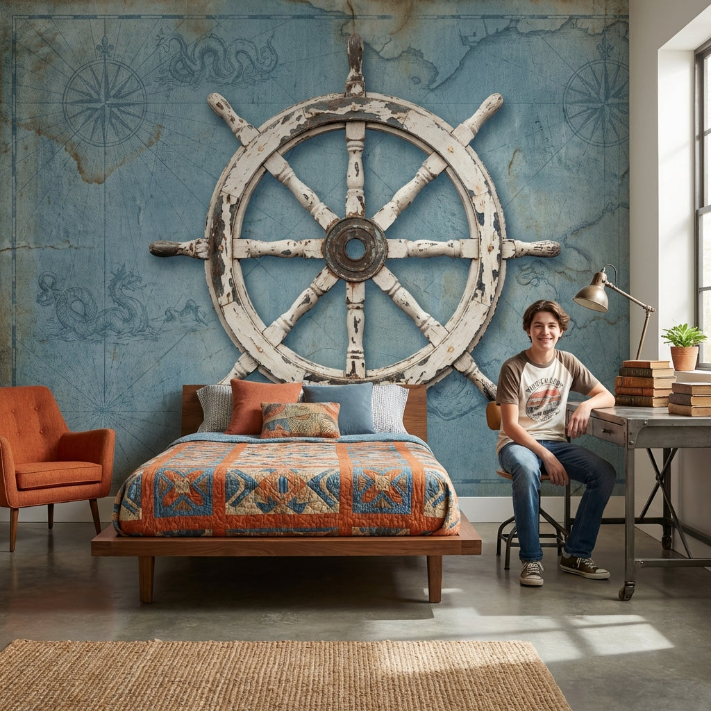 Denizci Dümeni Poster Duvar Kağıdı Mavi Vintage Harita Desenli