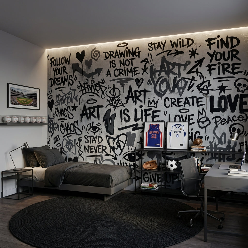 Graffiti Yazılı Poster Duvar Kağıdı Siyah Beyaz Genç Odası