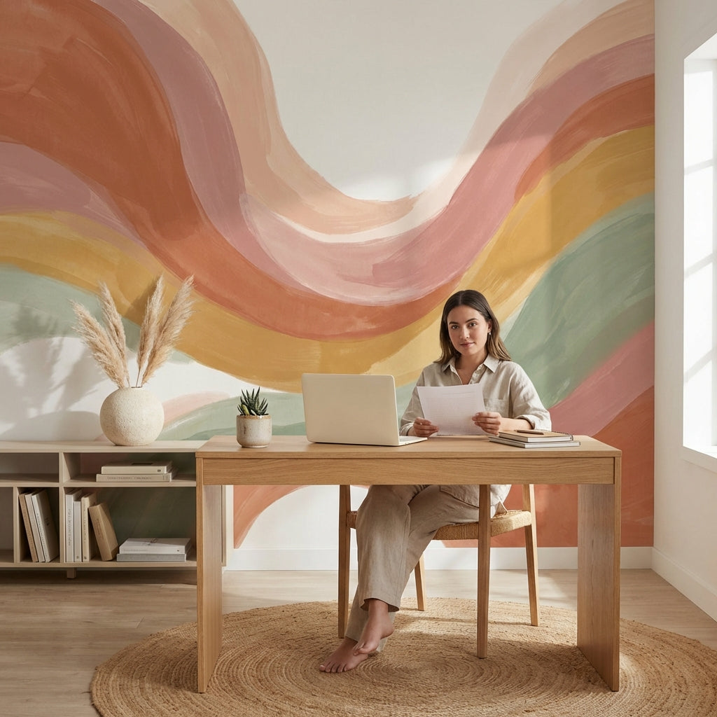 Renkli Dalgalı Soyut Poster Duvar Kağıdı Pastel Salon
