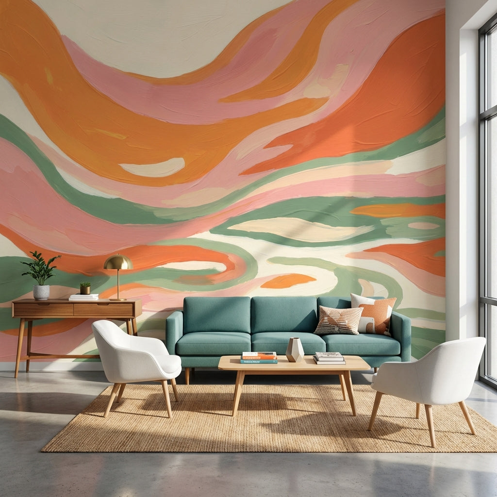 Soyut Dalga Desenli Poster Duvar Kağıdı Turuncu Pembe Salon