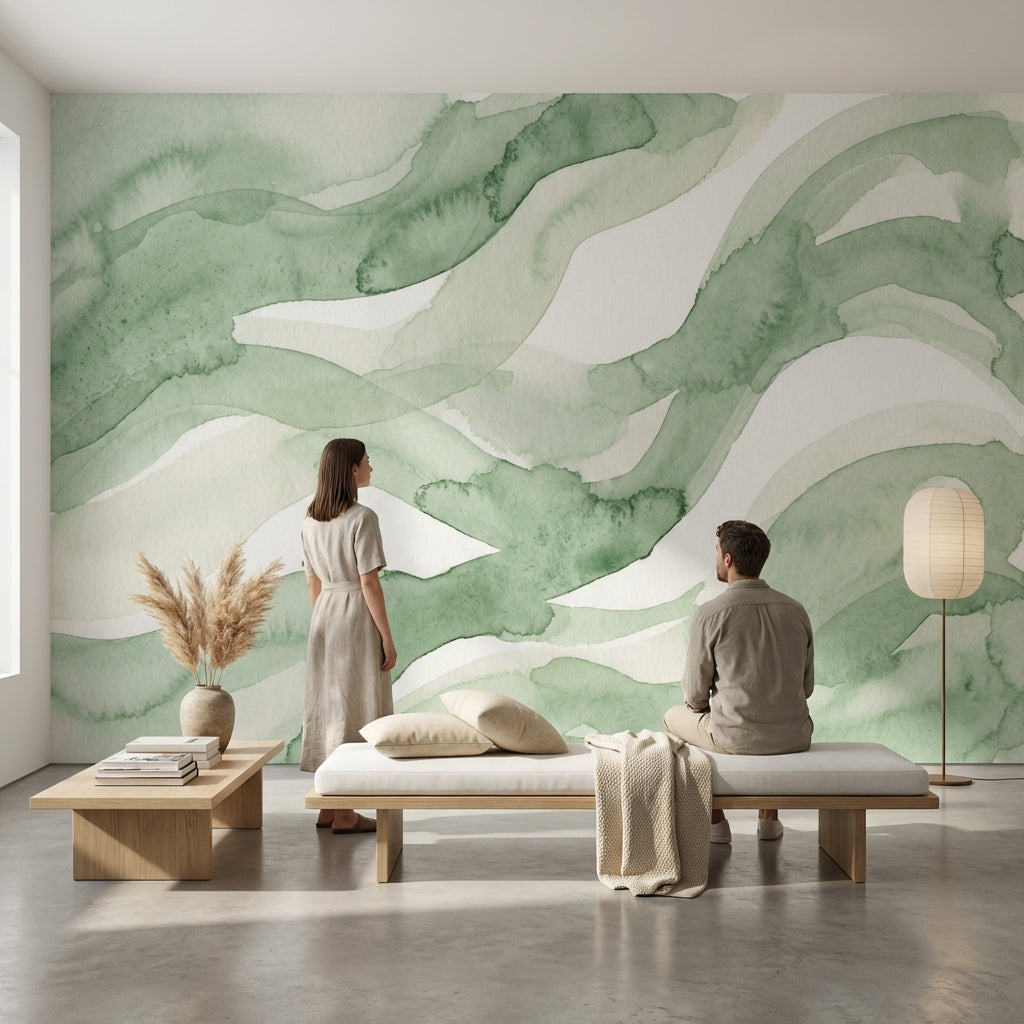 Yeşil Sulu Boya Soyut Poster Duvar Kağıdı Modern Salon