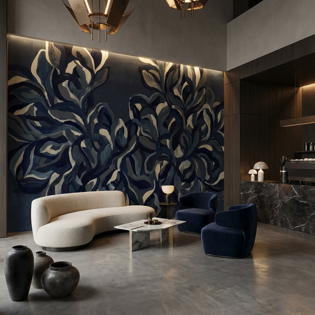 Lacivert Yaprak Desenli Poster Duvar Kağıdı Modern Banyo Dekoru