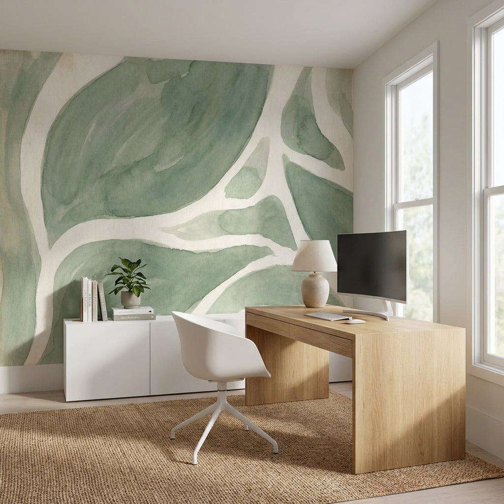 Yeşil Suluboya Yaprak Poster Duvar Kağıdı Modern Salon