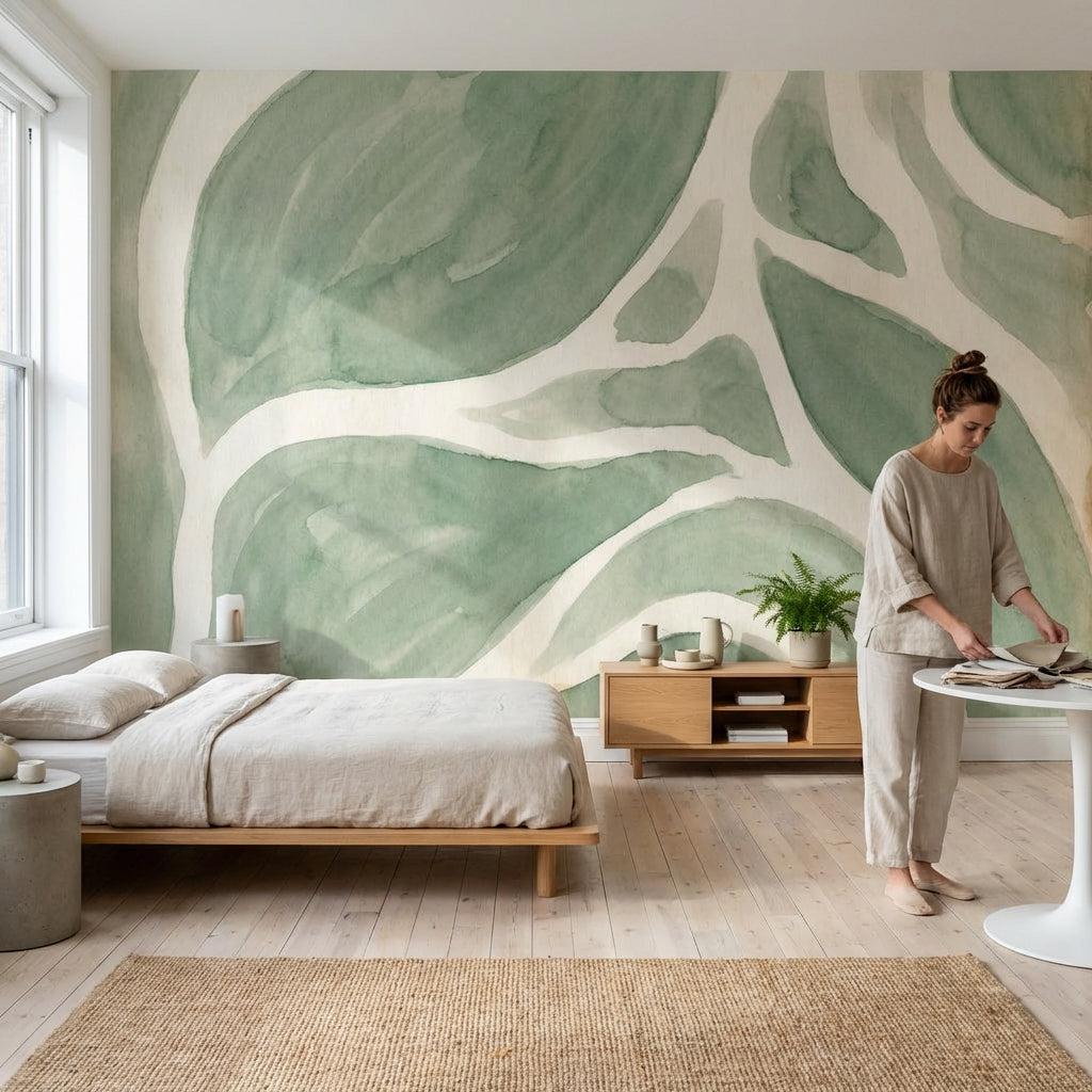 Yeşil Suluboya Yaprak Poster Duvar Kağıdı Modern Salon