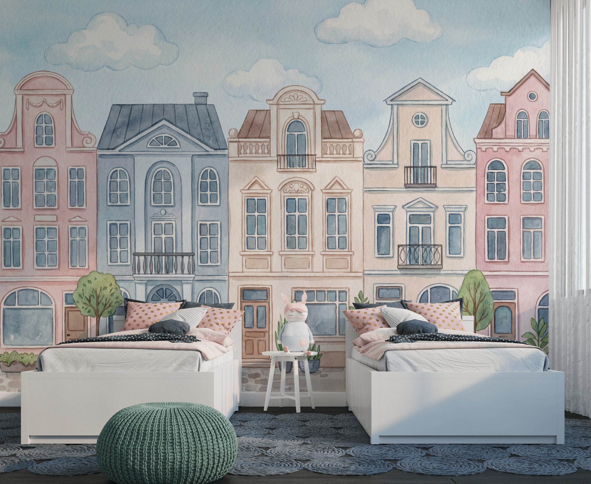 Pastel Şehir Evleri Poster Duvar Kağıdı Çocuk Odası