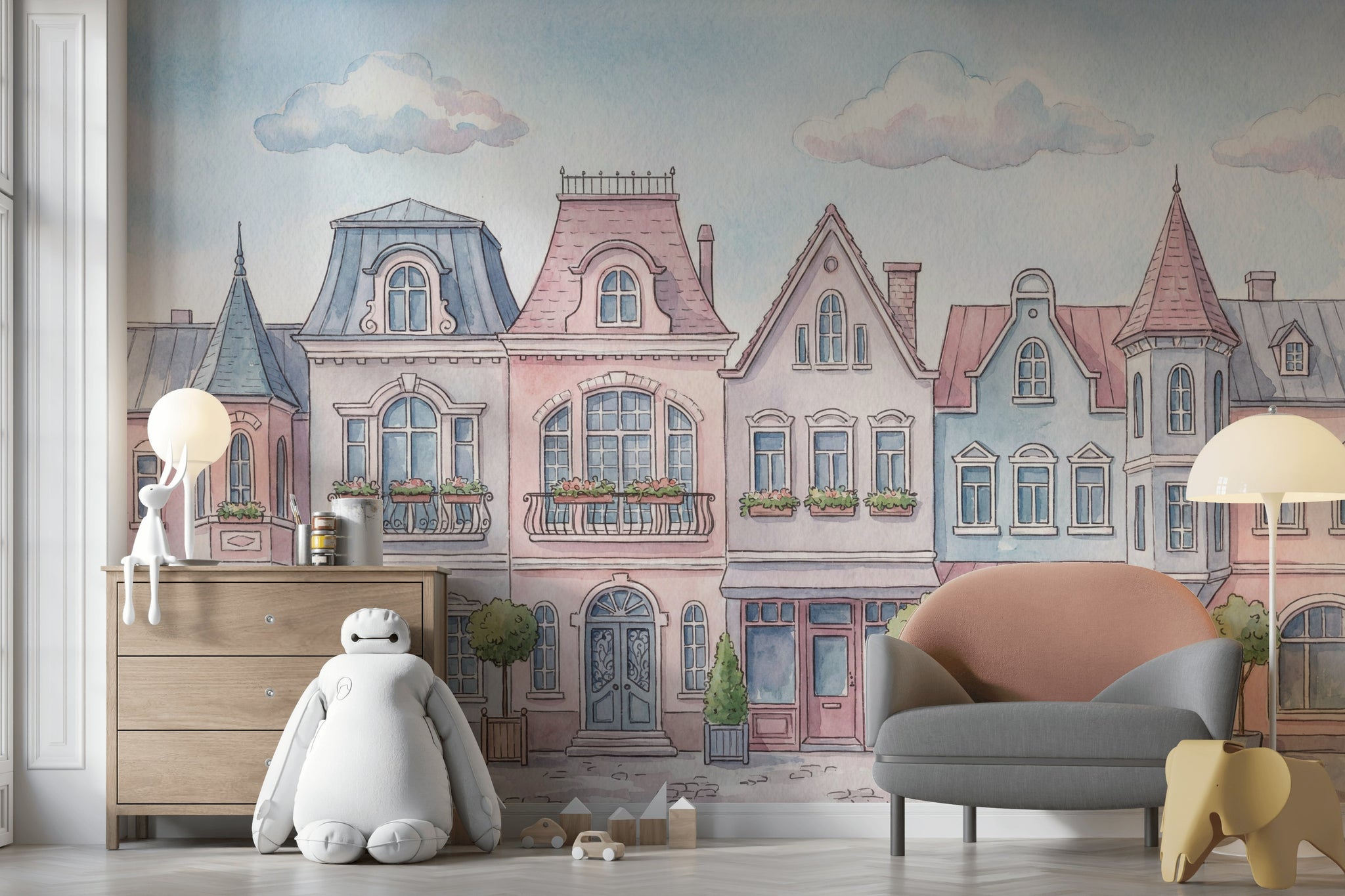 Pastel Şehir Evleri Poster Duvar Kağıdı Bebek Odası