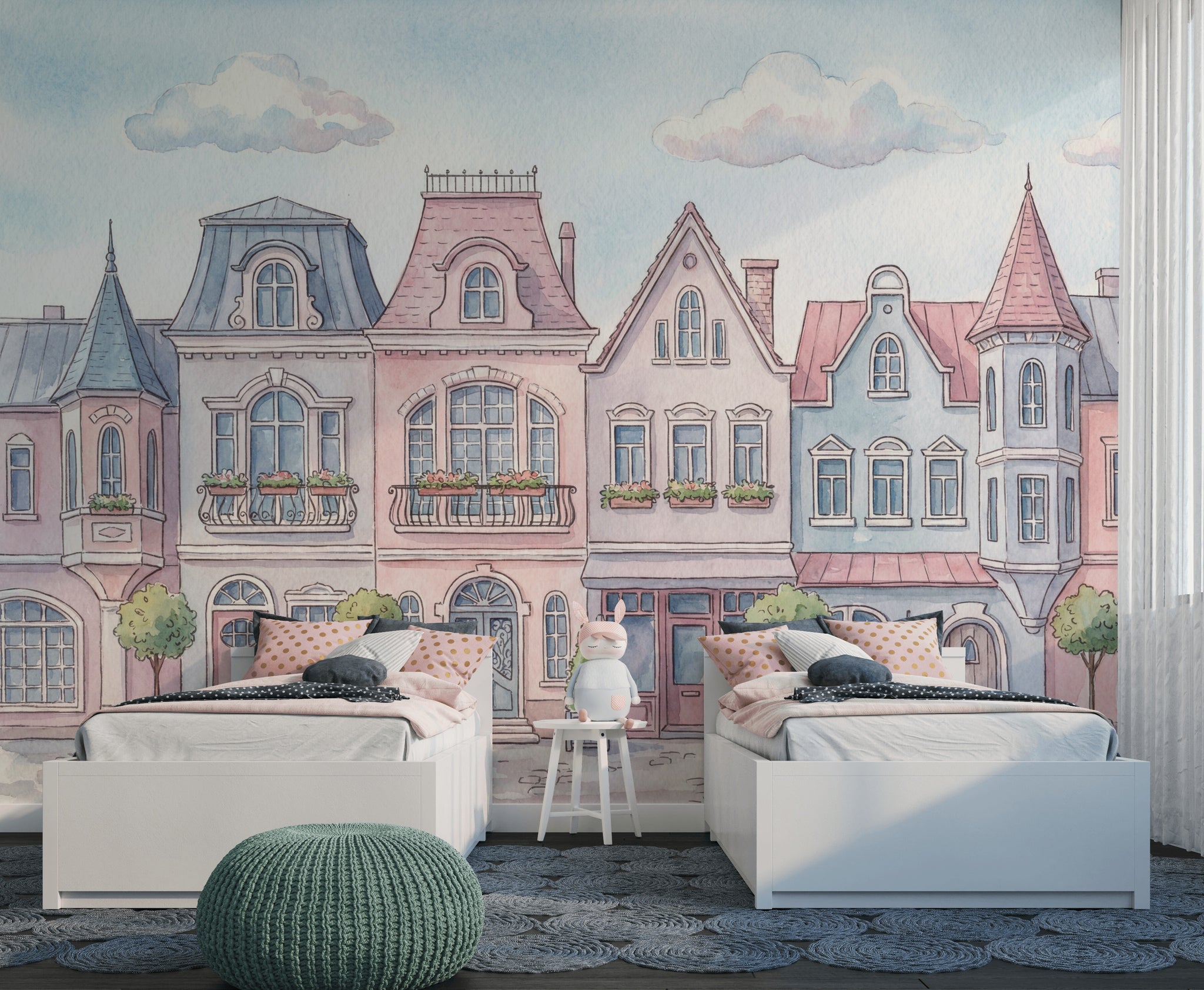 Pastel Şehir Evleri Poster Duvar Kağıdı Bebek Odası