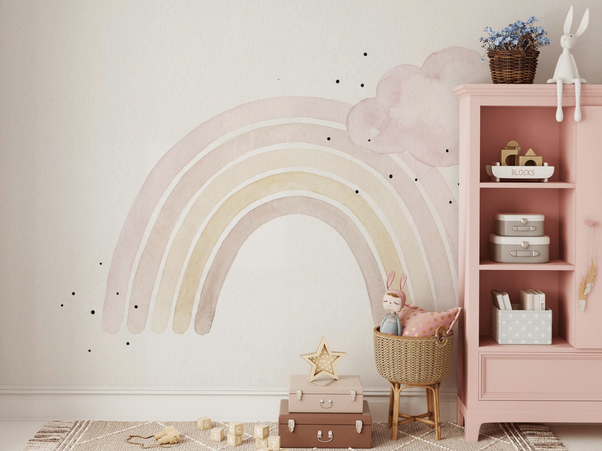 Pastel Gökkuşağı Poster Duvar Kağıdı Bulutlu Bebek Odası