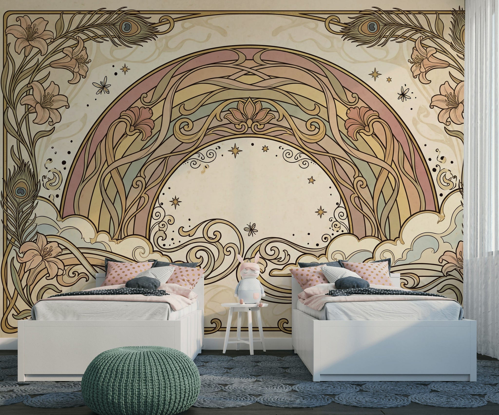 Art Nouveau Gökkuşağı Poster Duvar Kağıdı Bej Krem Bebek Odası