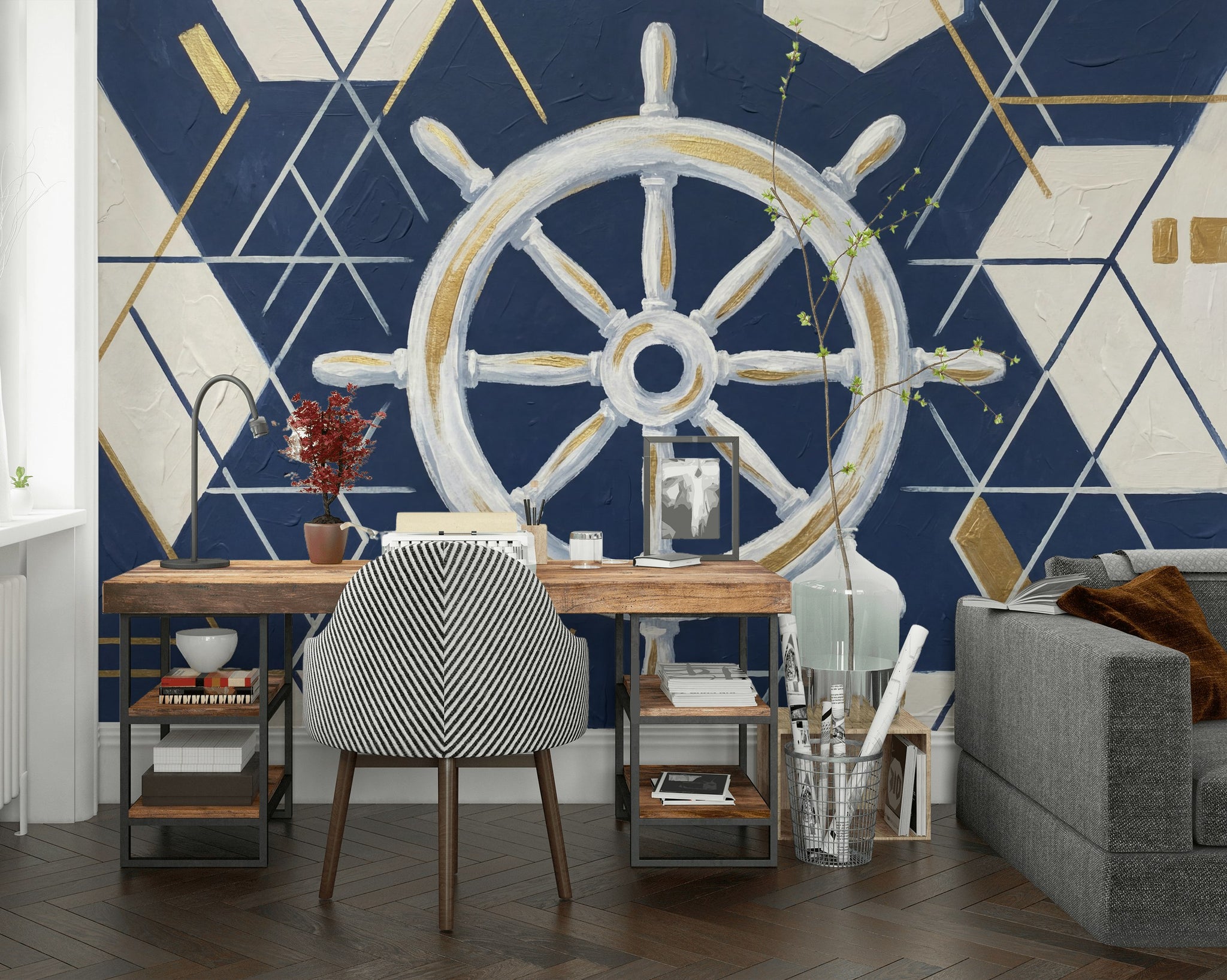 Dümen Motifli Poster Duvar Kağıdı Lacivert Geometrik Yatak Odası