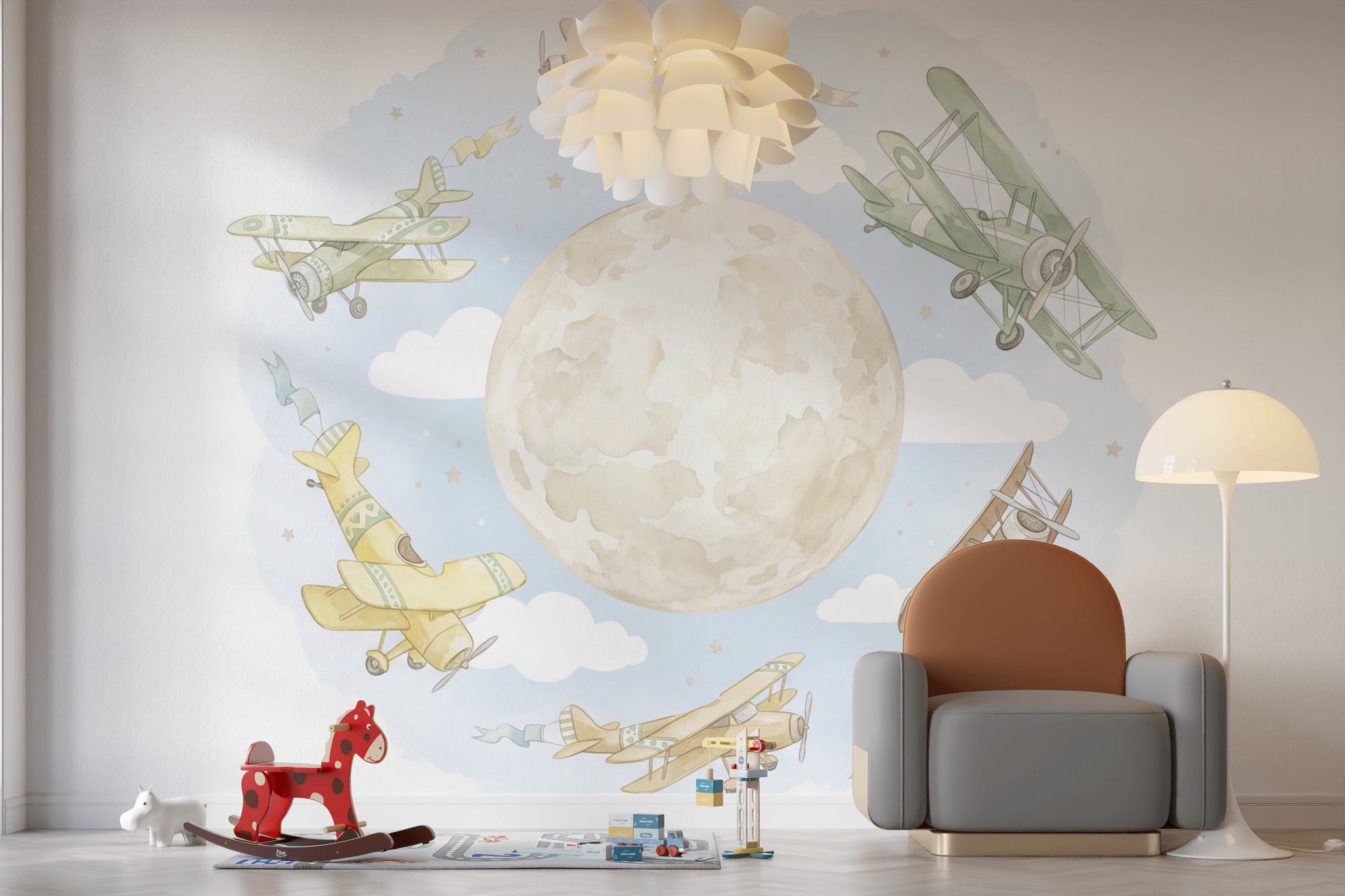 Ay ve Uçaklı Poster Duvar Kağıdı Pastel Çocuk Odası