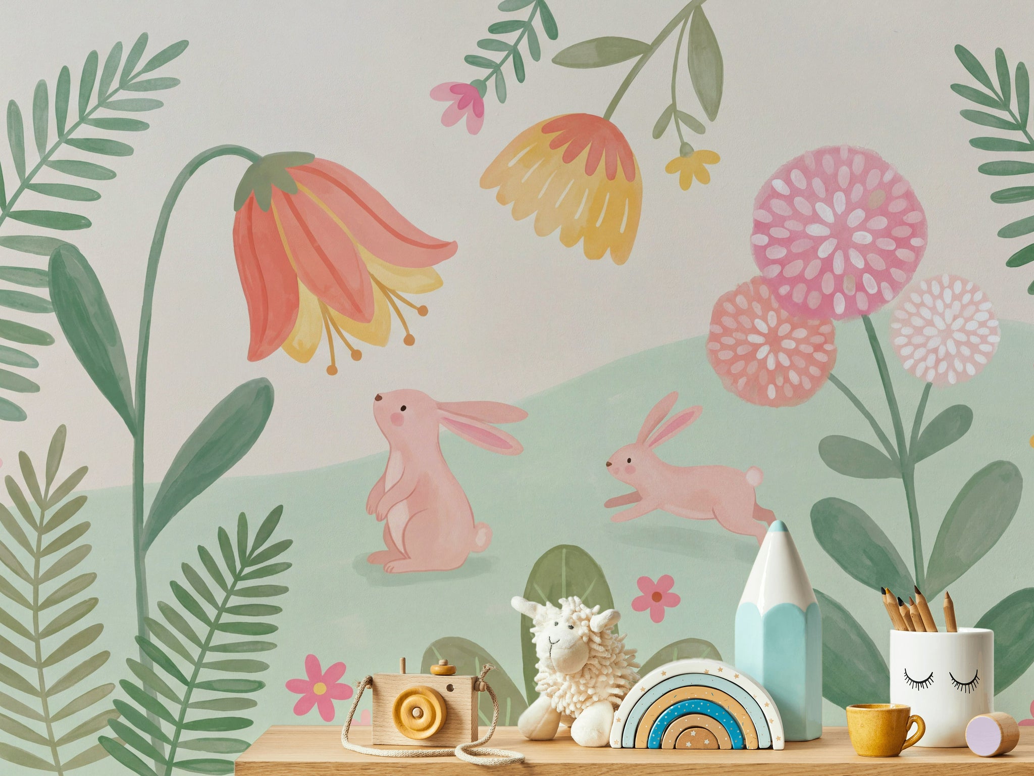Tavşan ve Çiçekli Poster Duvar Kağıdı Pastel Çocuk Odası