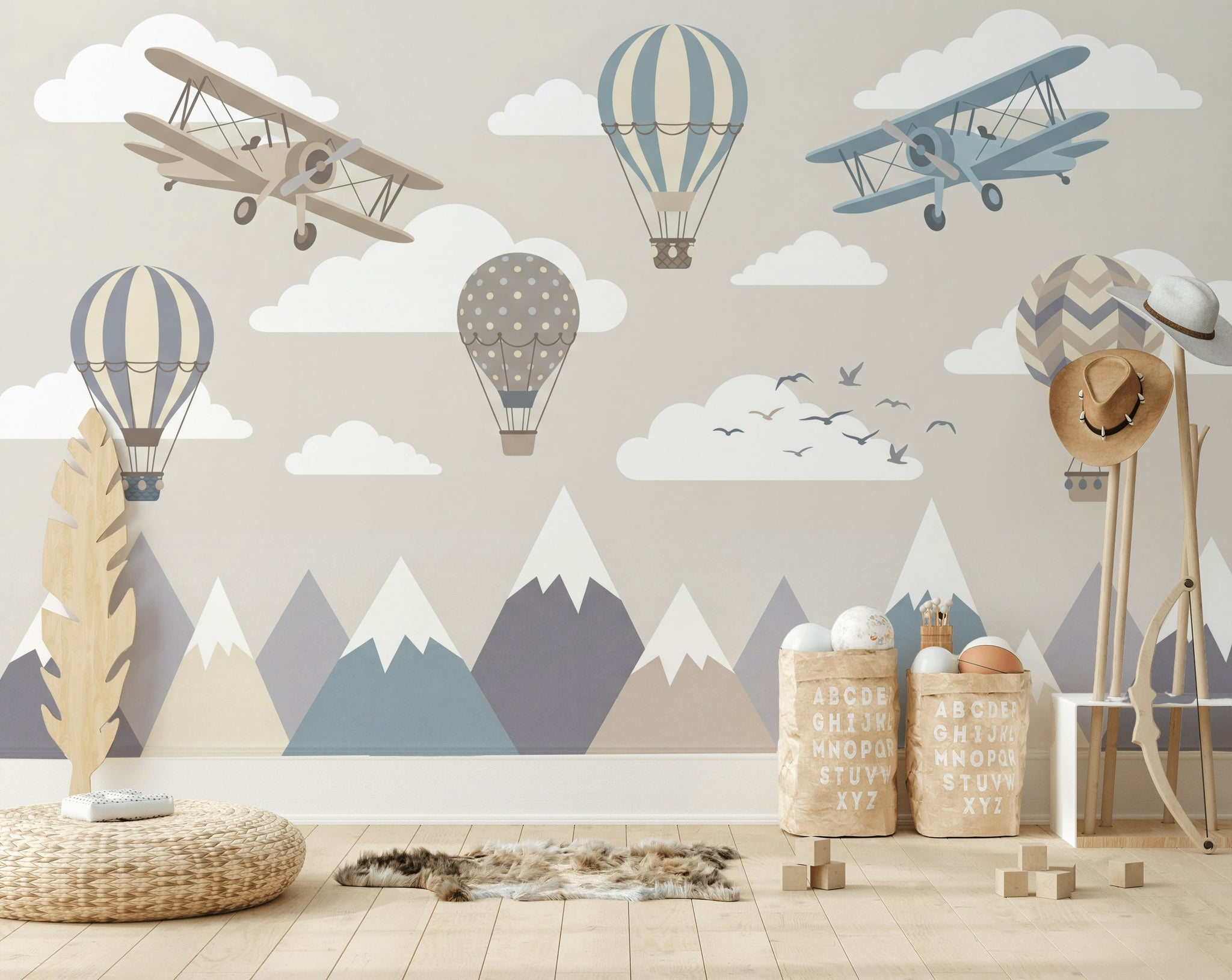 Uçak ve Balonlu Poster Duvar Kağıdı Pastel Bebek Odası