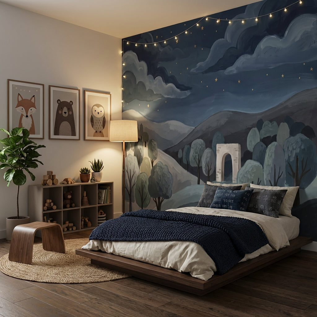 Gece Manzaralı Poster Duvar Kağıdı Lacivert Çocuk Odası