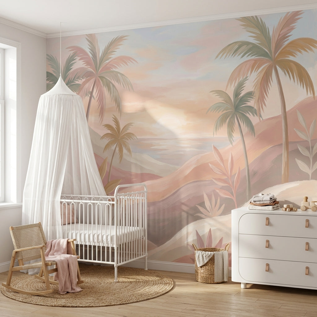 Pastel Tropikal Gün Batımı Poster Duvar Kağıdı Palmiye Manzaralı