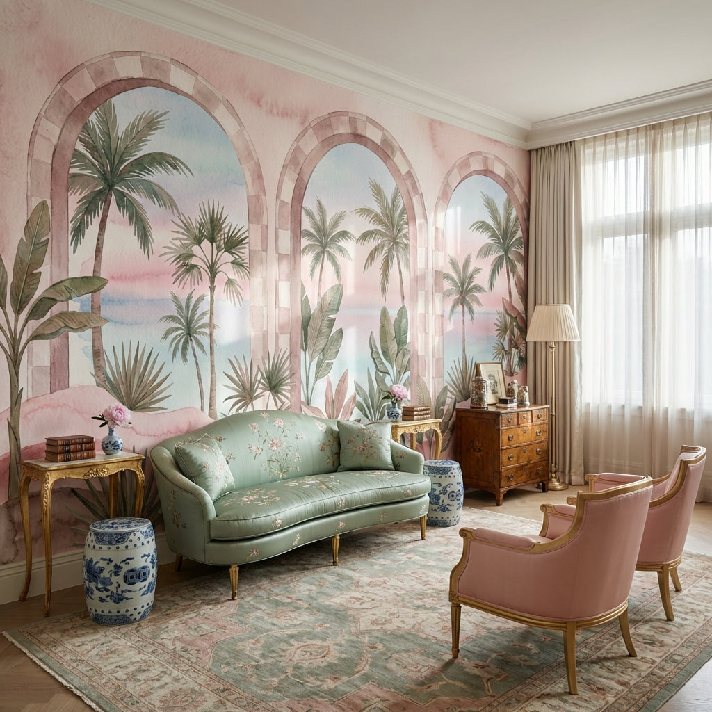 Palmiye Manzaralı Poster Duvar Kağıdı Pastel Pembe Salon Dekoru