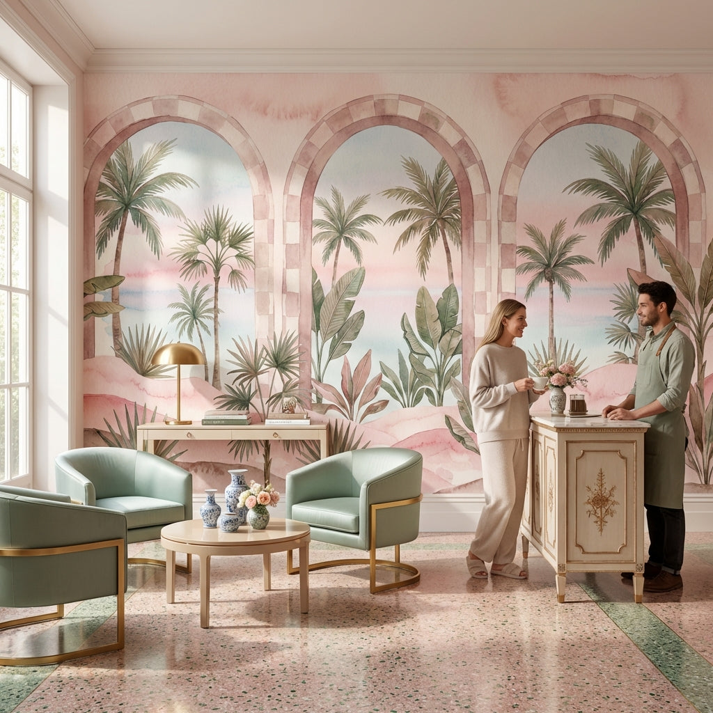 Palmiye Manzaralı Poster Duvar Kağıdı Pastel Pembe Salon Dekoru