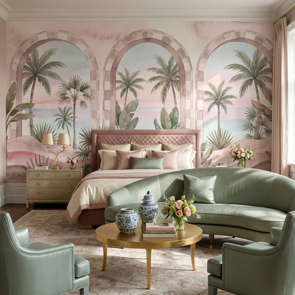 Palmiye Manzaralı Poster Duvar Kağıdı Pastel Pembe Salon Dekoru