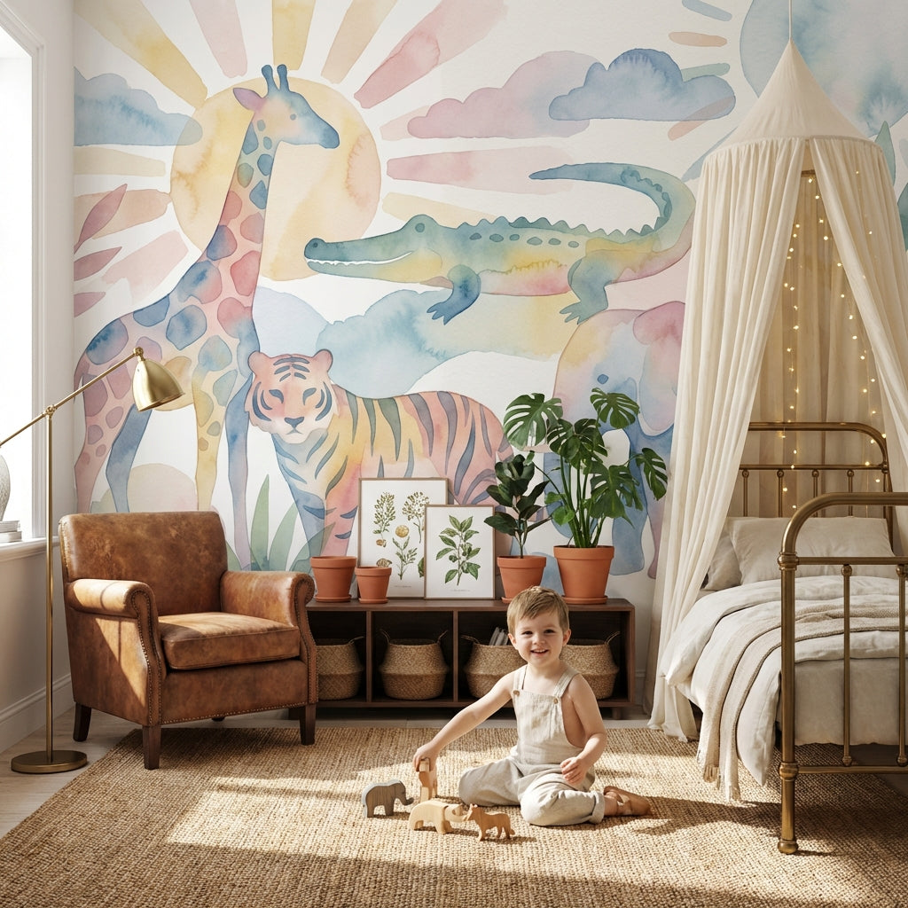 Pastel Safari Hayvanlı Poster Duvar Kağıdı Bebek Odası