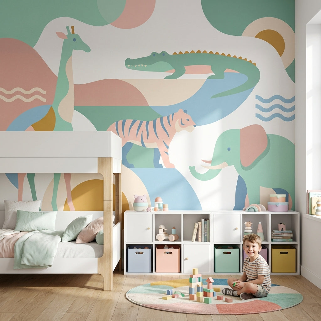 Pastel Safari Hayvanları Poster Duvar Kağıdı Çocuk Odası Duvarı