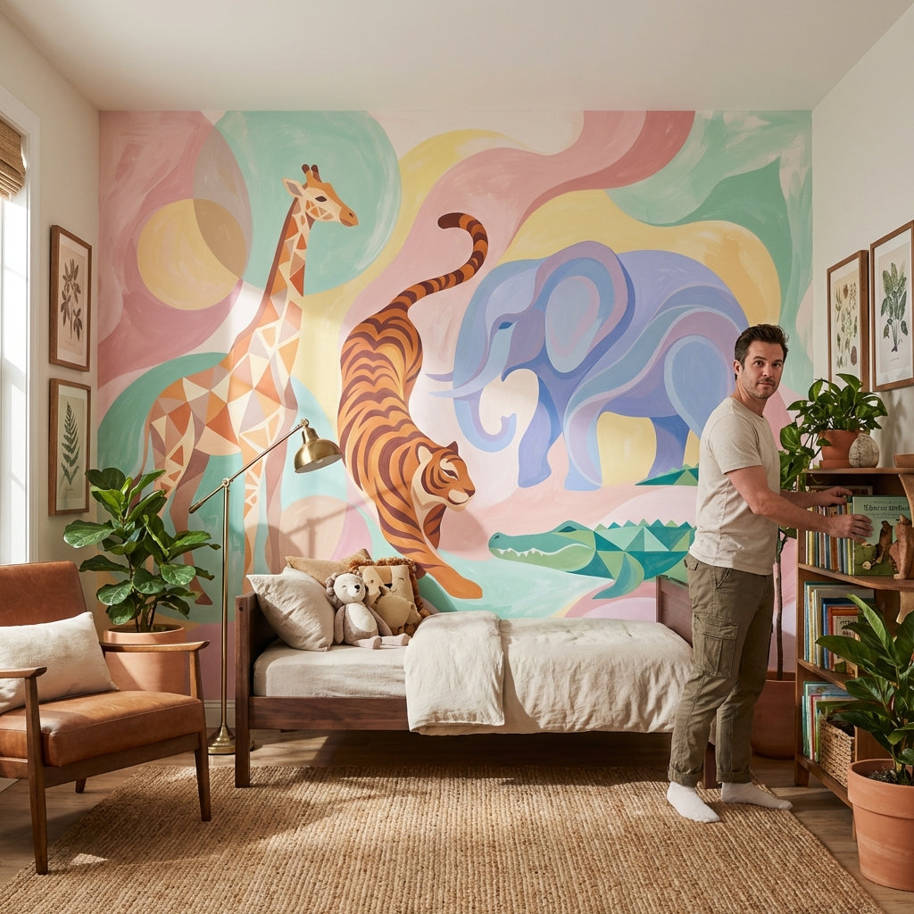 Pastel Safari Hayvanlı Poster Duvar Kağıdı Bebek Odası