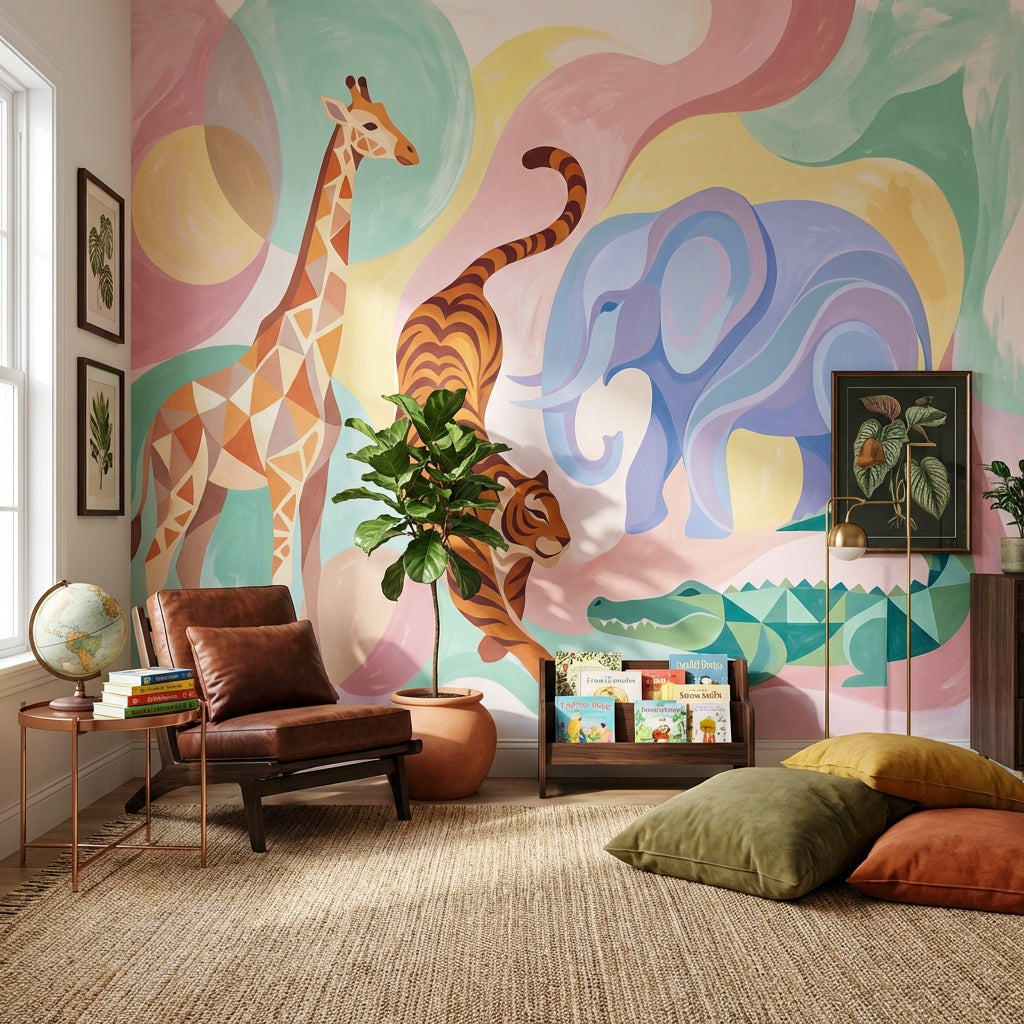 Pastel Safari Hayvanlı Poster Duvar Kağıdı Bebek Odası