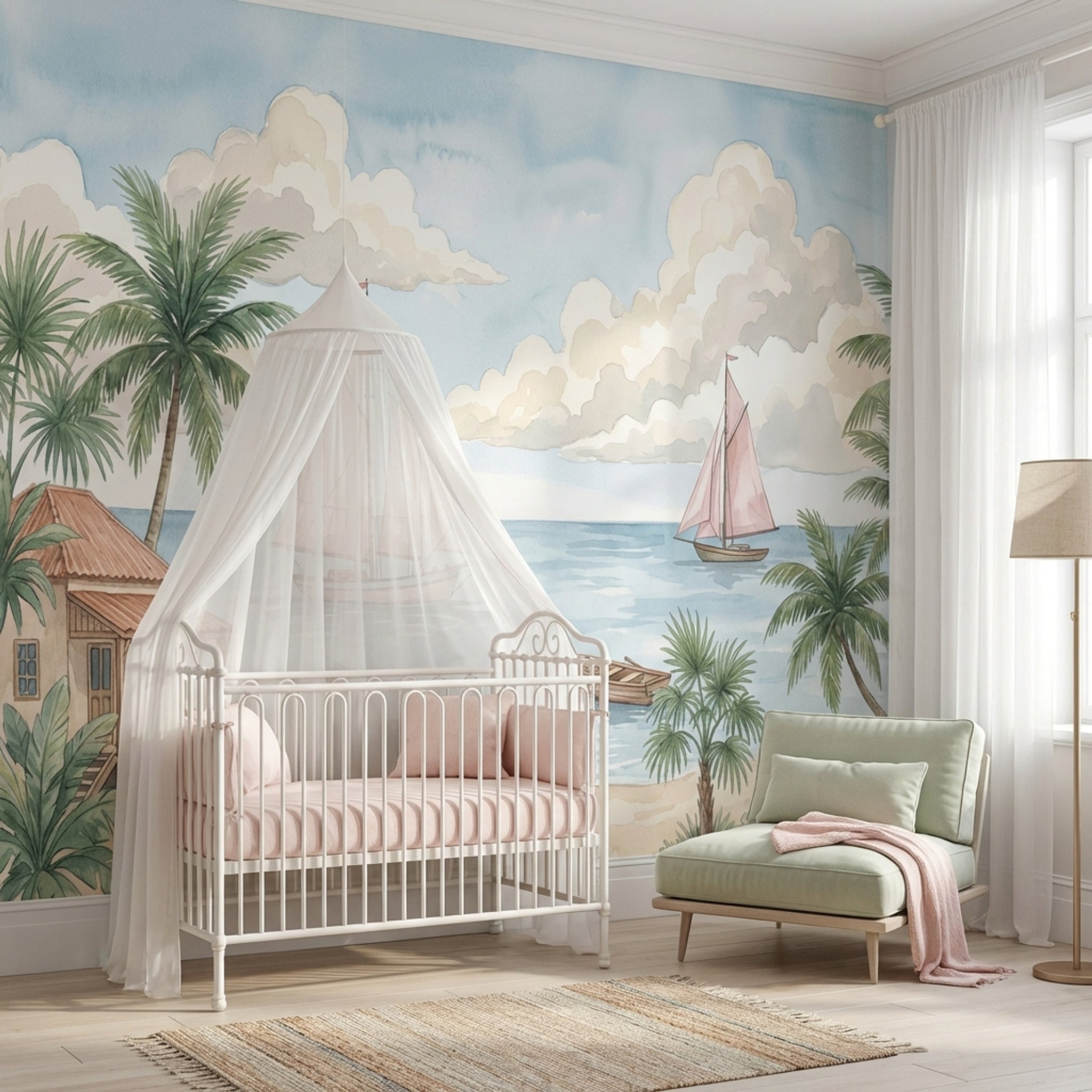 Tropikal Deniz Yelkenli Poster Duvar Kağıdı Pastel Çocuk Odası