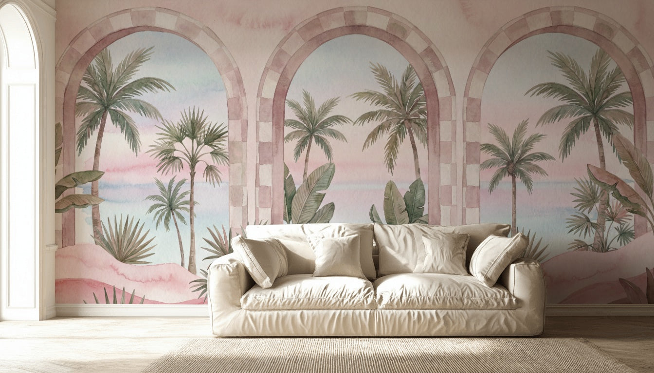 Palmiye Manzaralı Poster Duvar Kağıdı Pastel Pembe Salon Dekoru