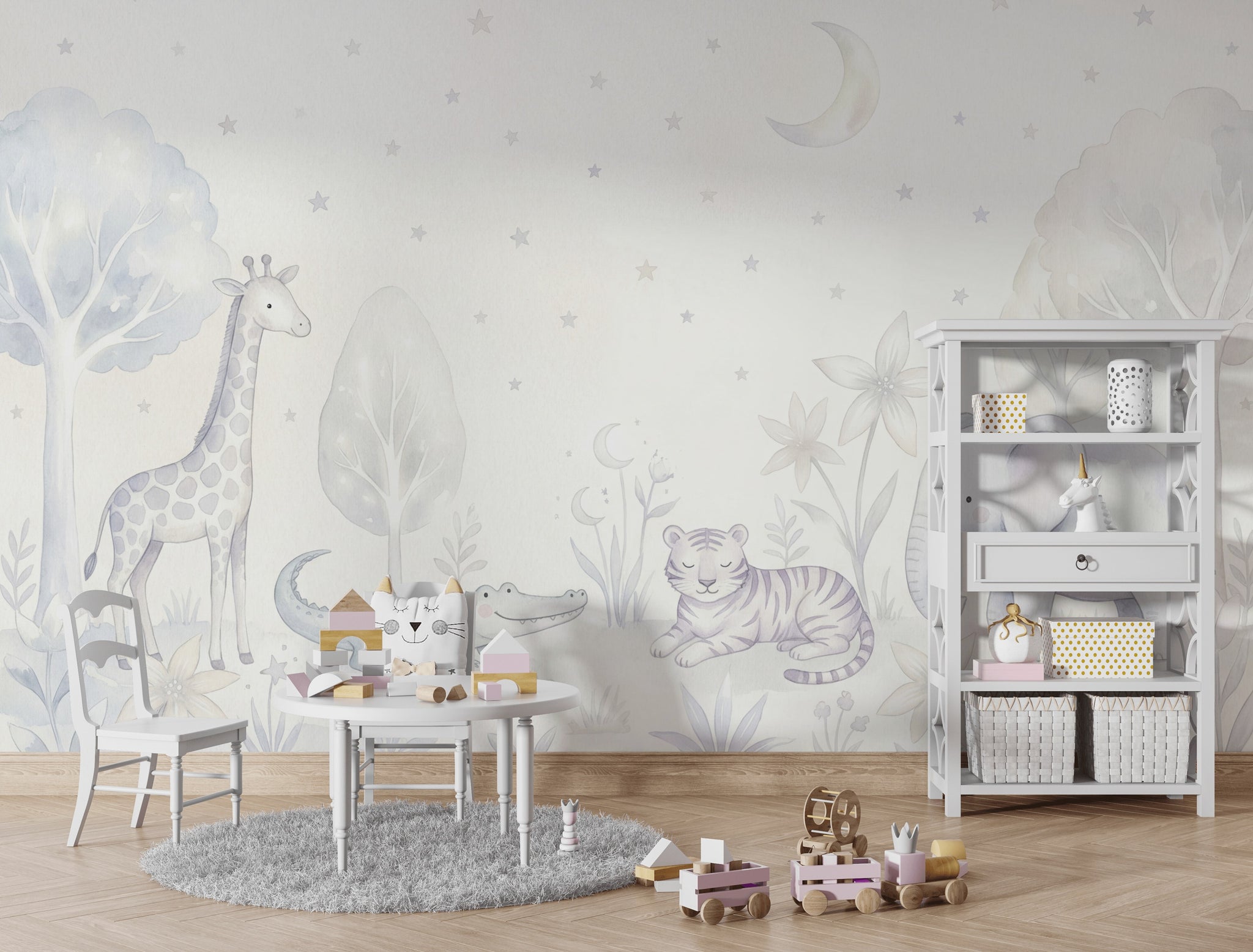 Pastel Safari Hayvanlı Poster Duvar Kağıdı Bebek Odası Gri