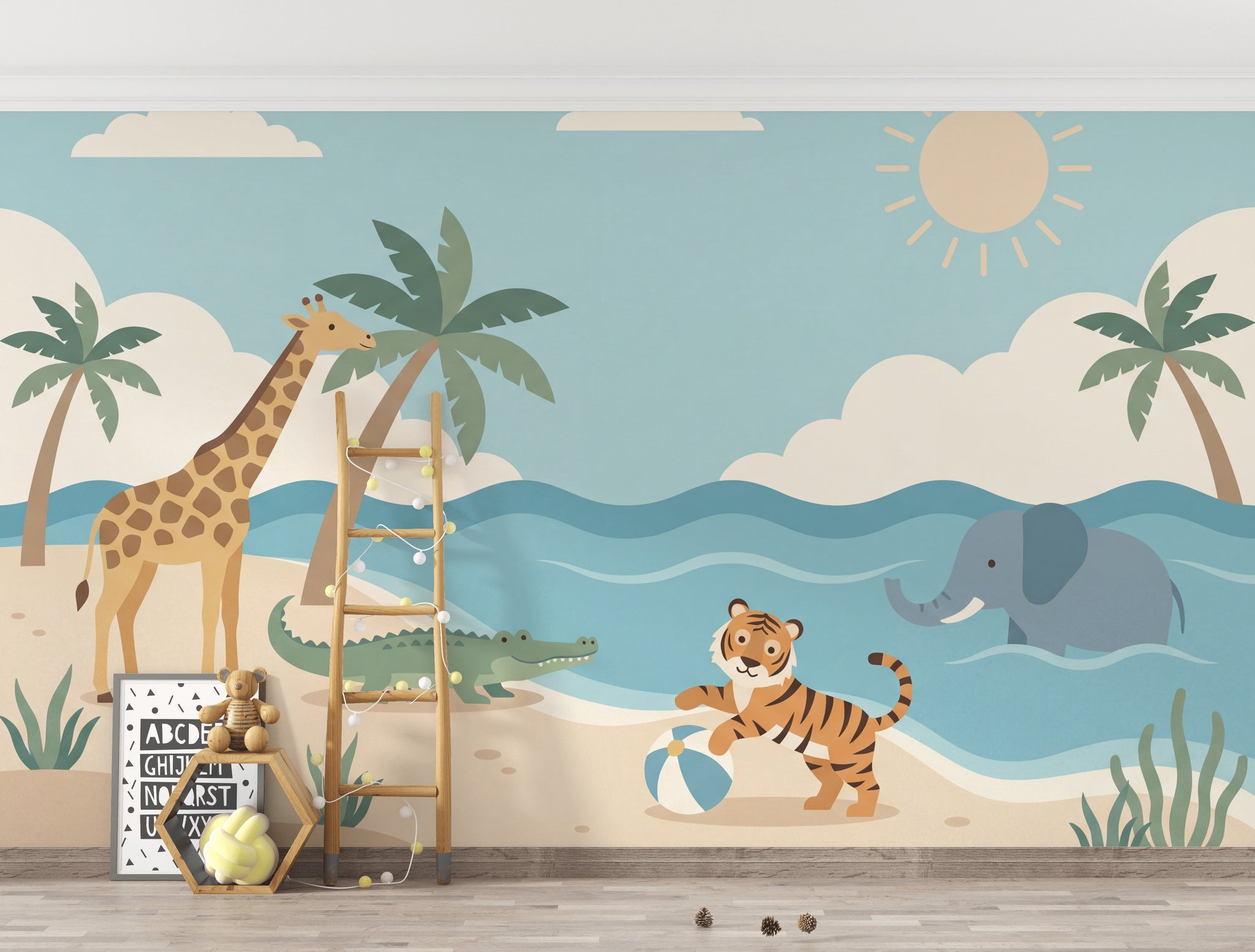 Safari Hayvanlı Poster Duvar Kağıdı Mavi Gökyüzü Bebek Odası