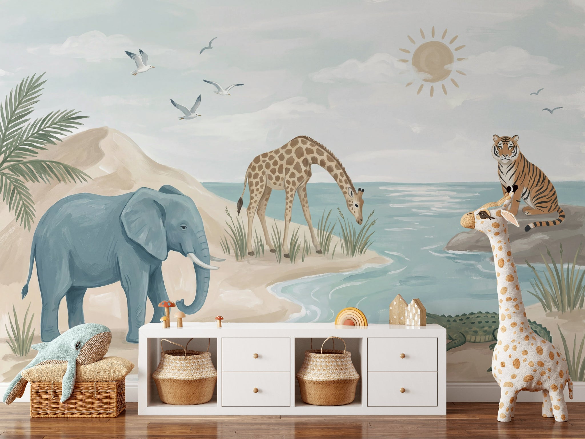 Safari Hayvanları Poster Duvar Kağıdı Pastel Çocuk Odası Duvar Dekoru