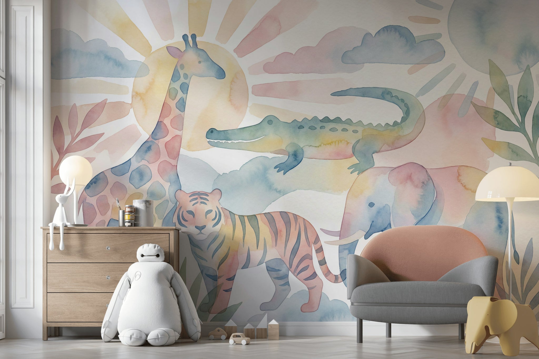 Pastel Safari Hayvanlı Poster Duvar Kağıdı Bebek Odası