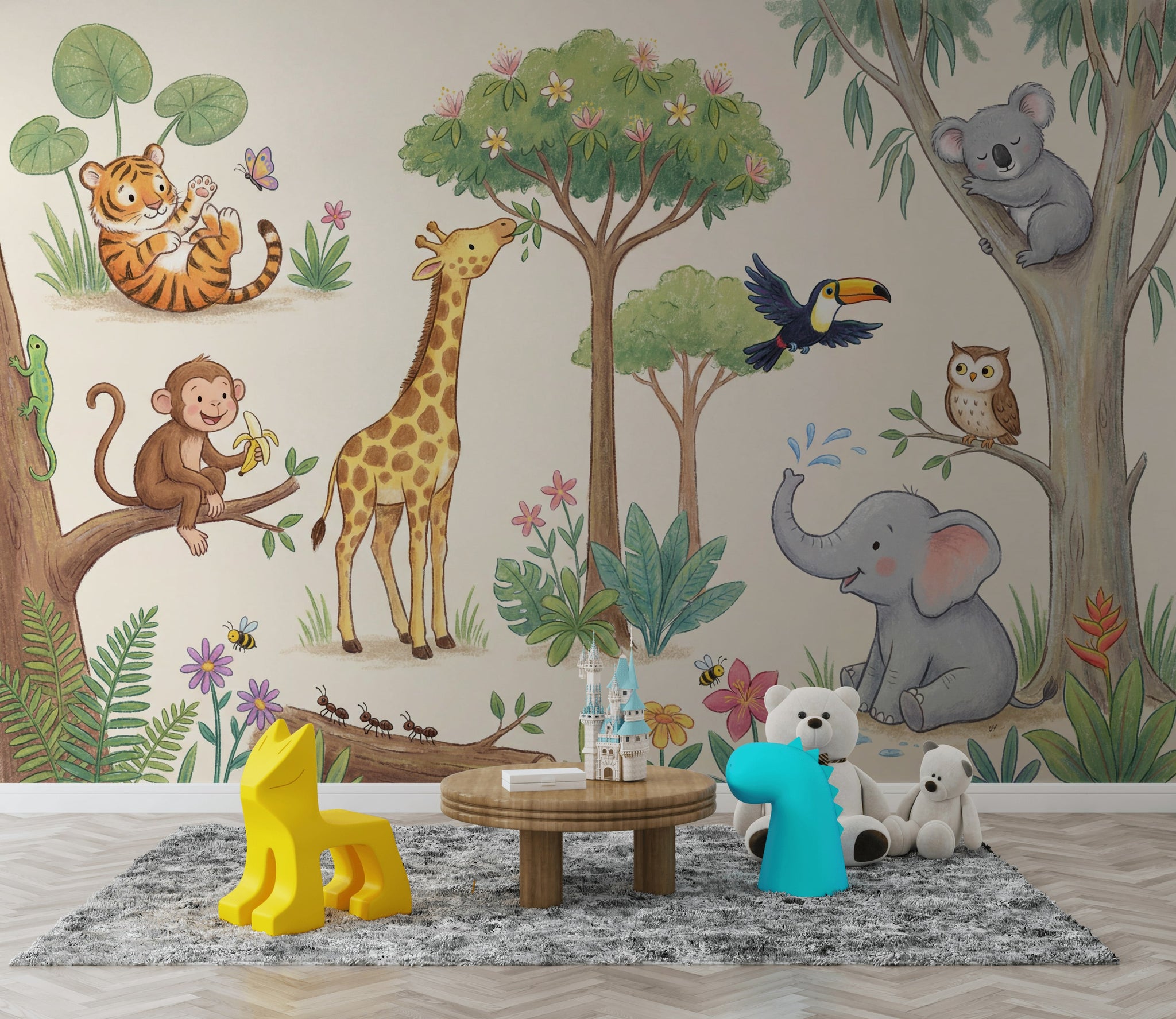 Safari Hayvanlı Poster Duvar Kağıdı Pastel Çocuk Odası Duvar Murali
