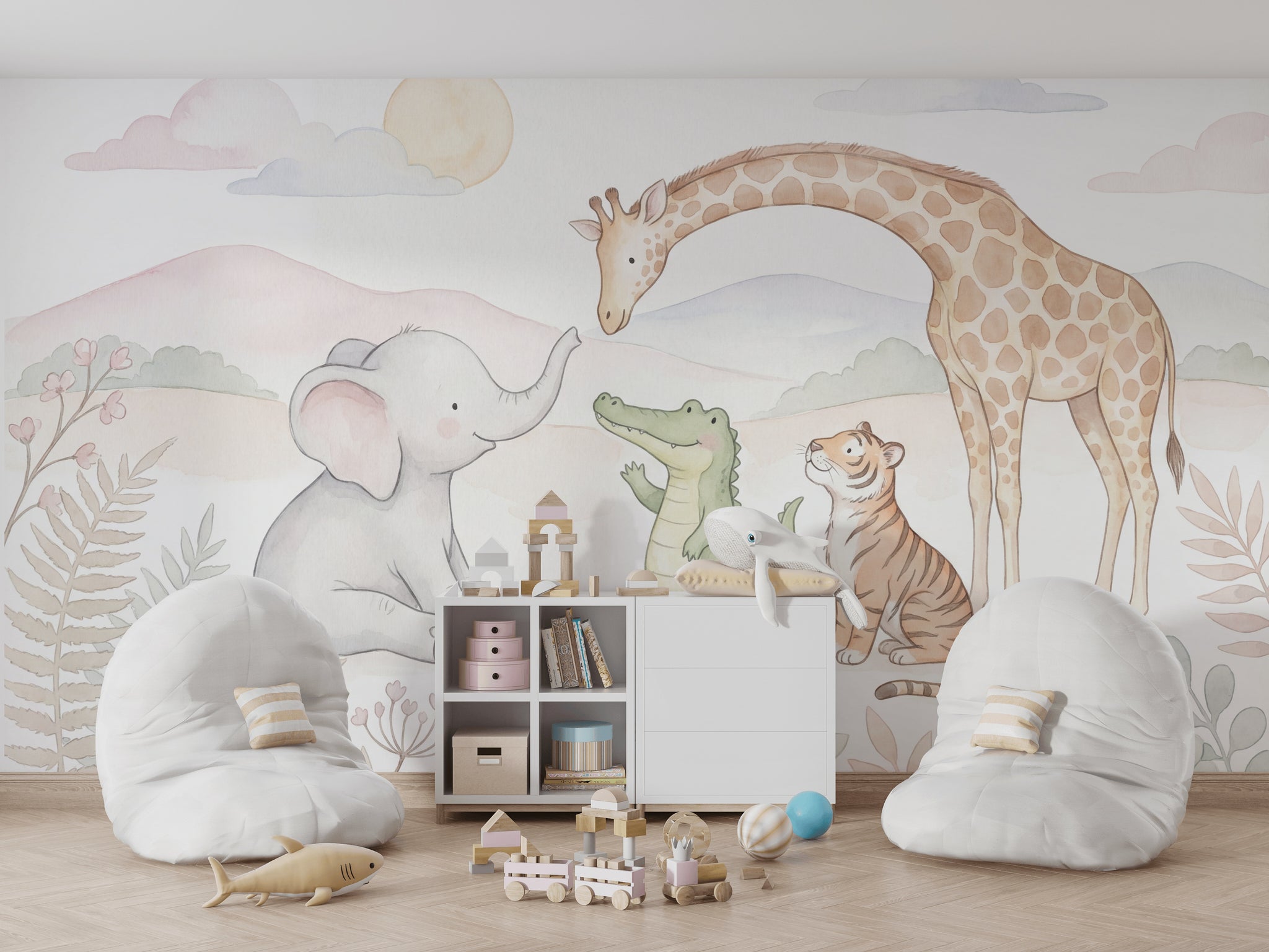Safari Hayvanlı Poster Duvar Kağıdı Pastel Çocuk Odası