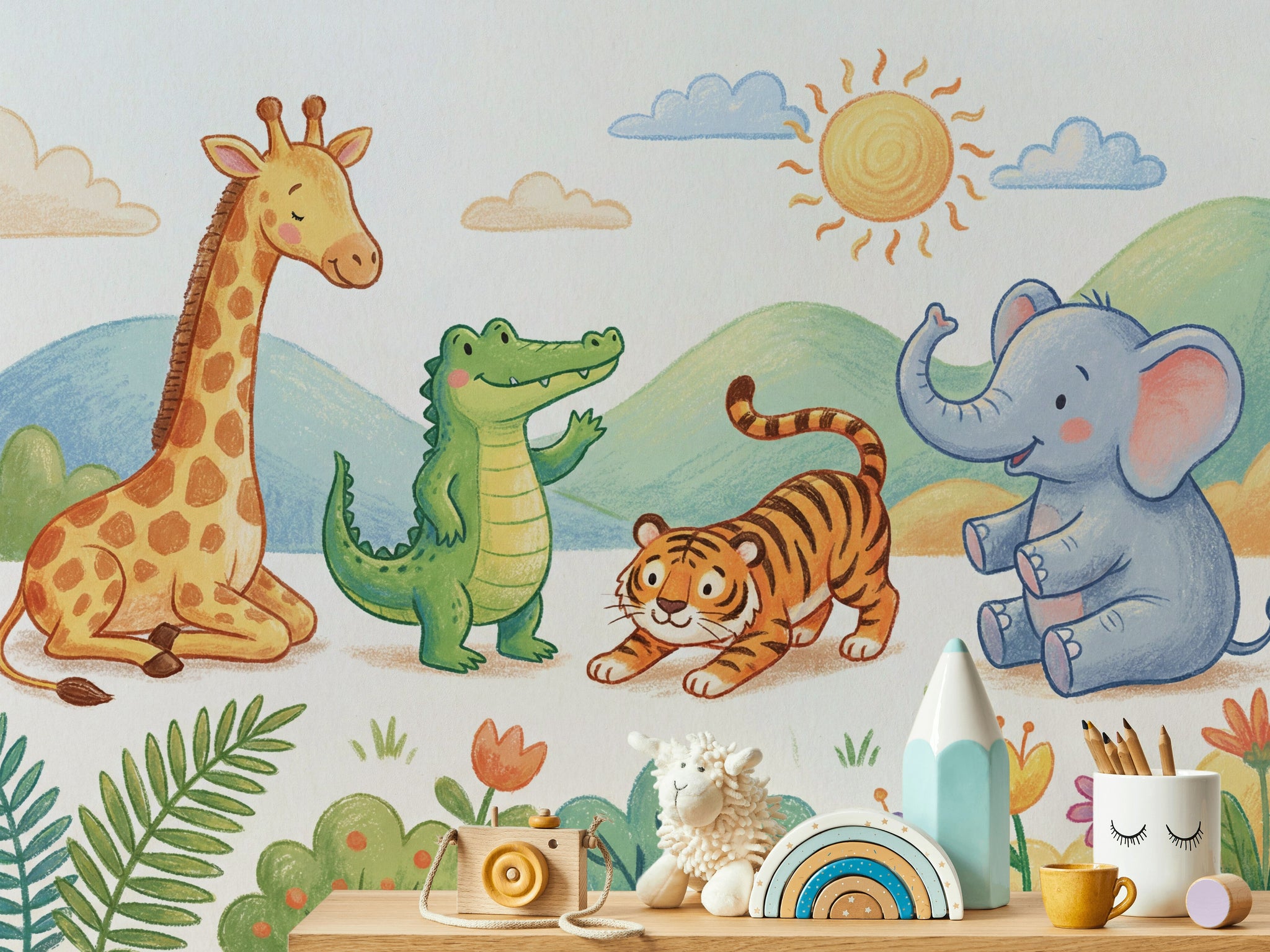 Safari Hayvanlı Poster Duvar Kağıdı Pastel Çocuk Odası Desenli