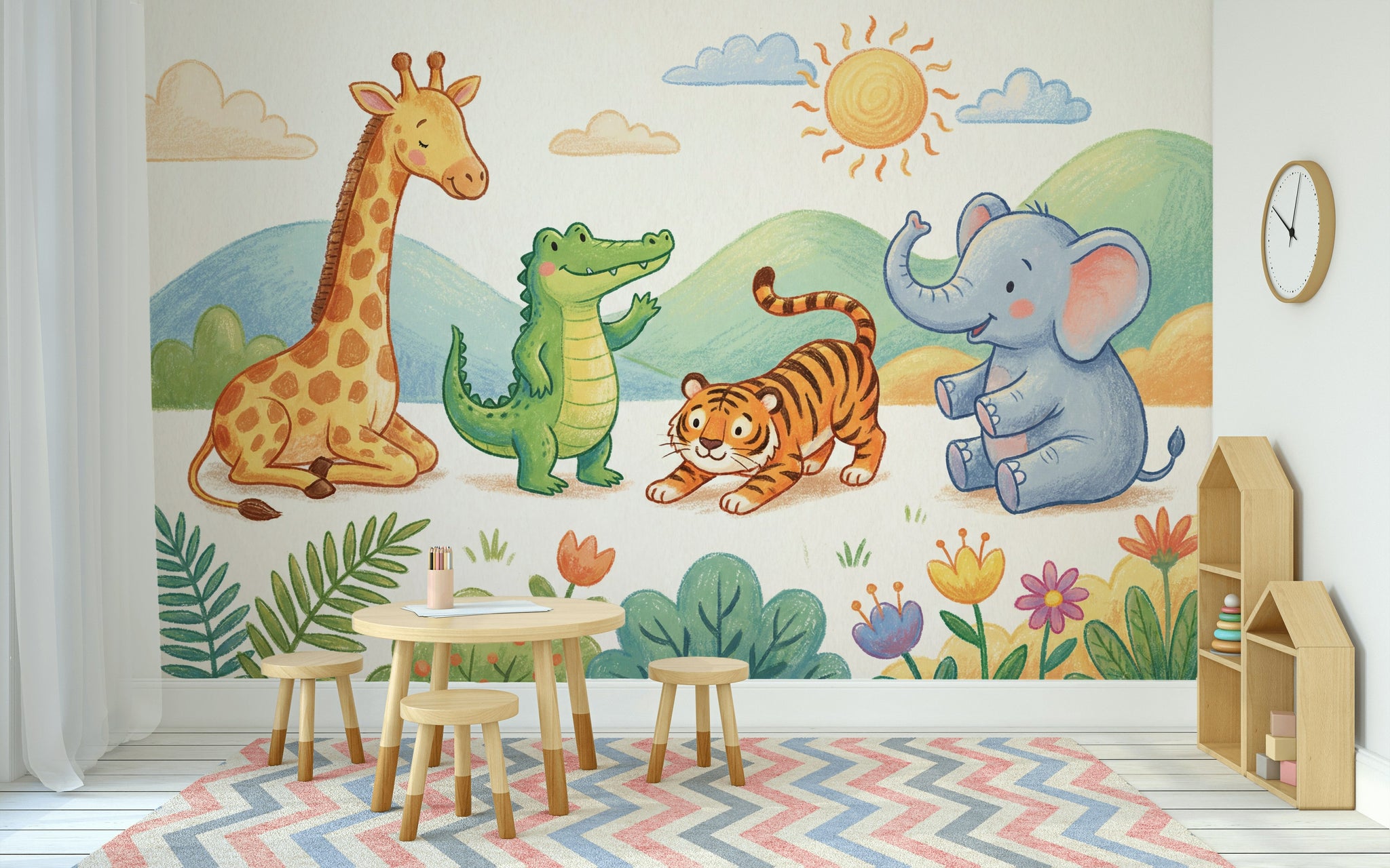 Safari Hayvanlı Poster Duvar Kağıdı Pastel Çocuk Odası Desenli