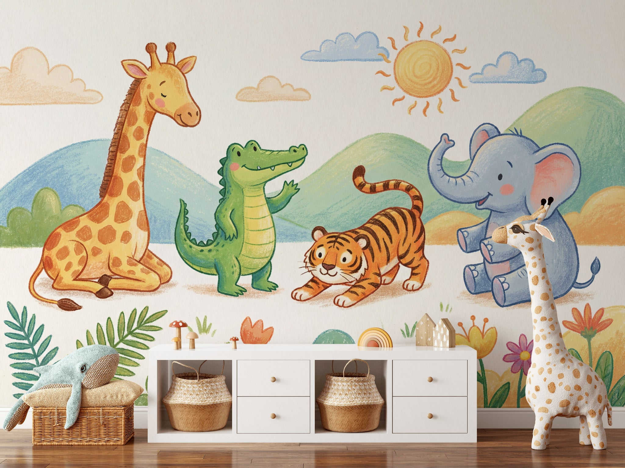 Safari Hayvanlı Poster Duvar Kağıdı Pastel Çocuk Odası Desenli