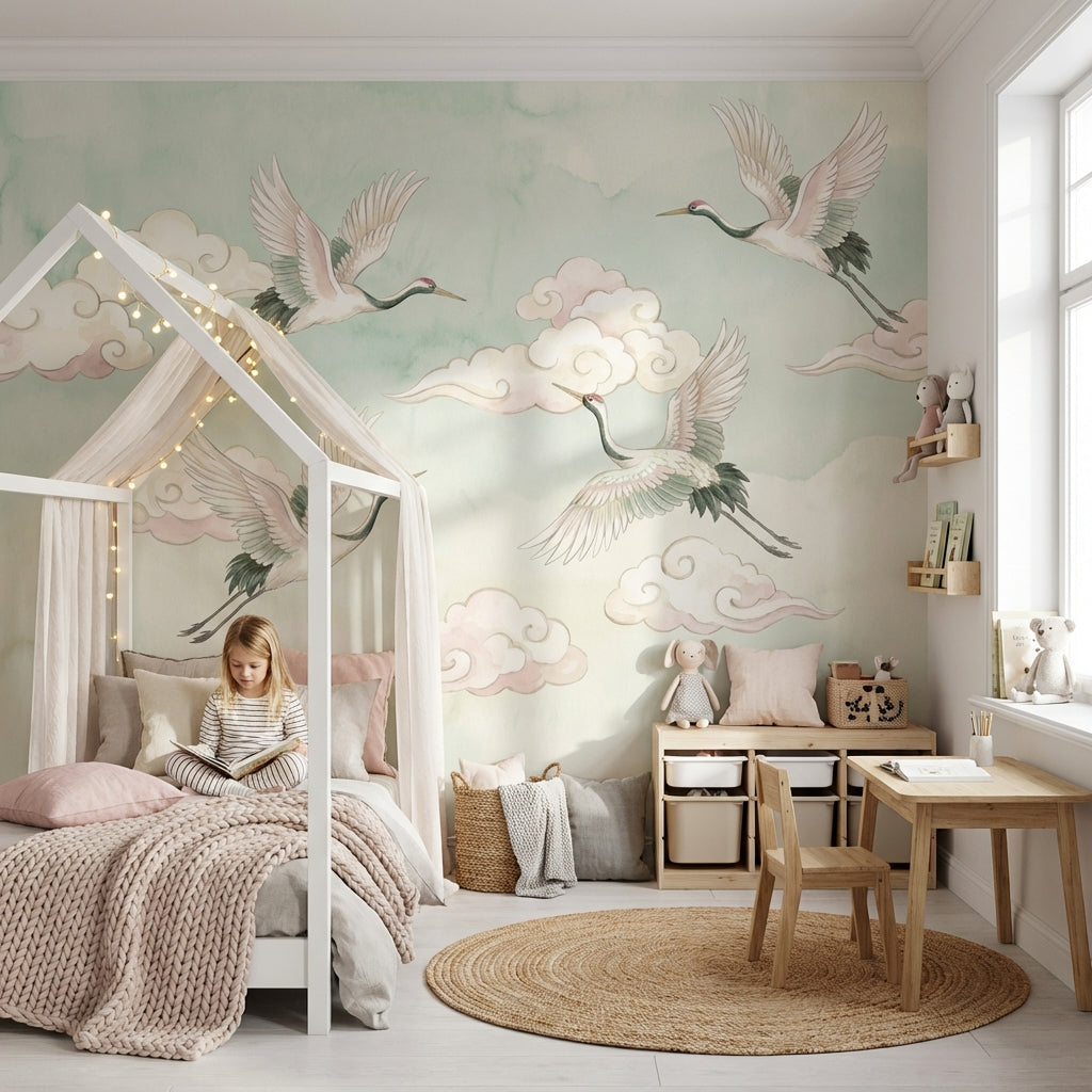 Uçan Turnalı Poster Duvar Kağıdı Pastel Bulutlu Çocuk Odası