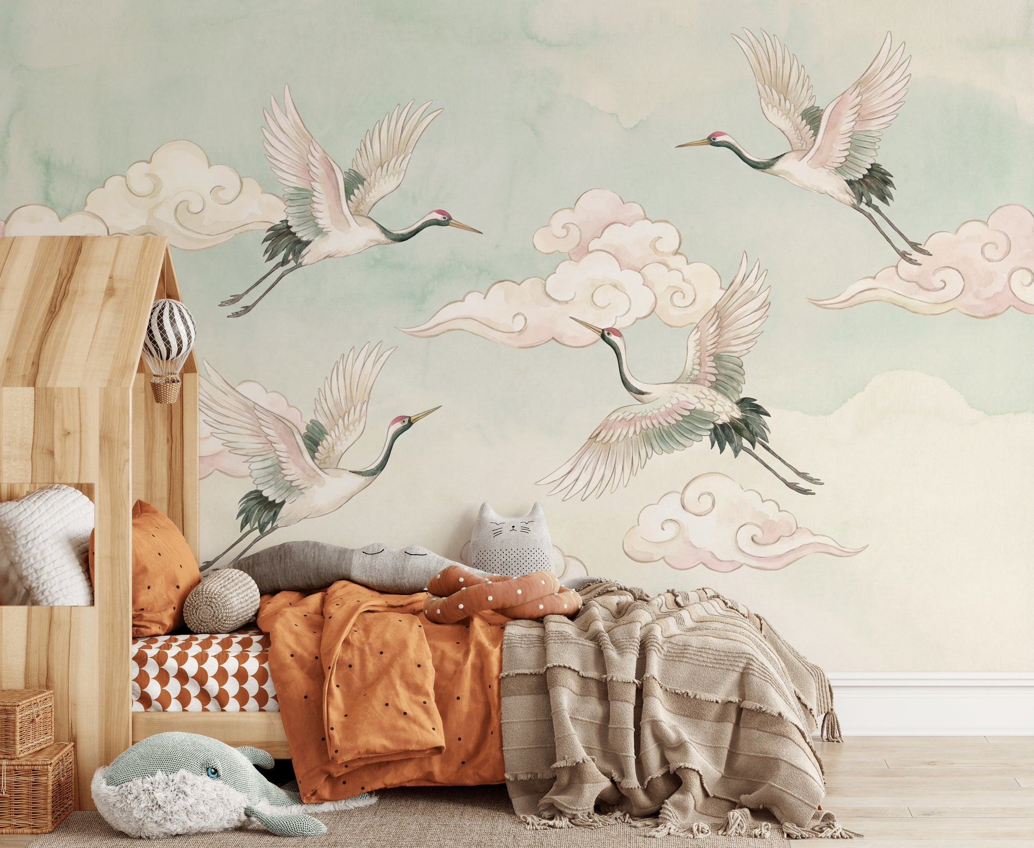 Uçan Turnalı Poster Duvar Kağıdı Pastel Bulutlu Çocuk Odası